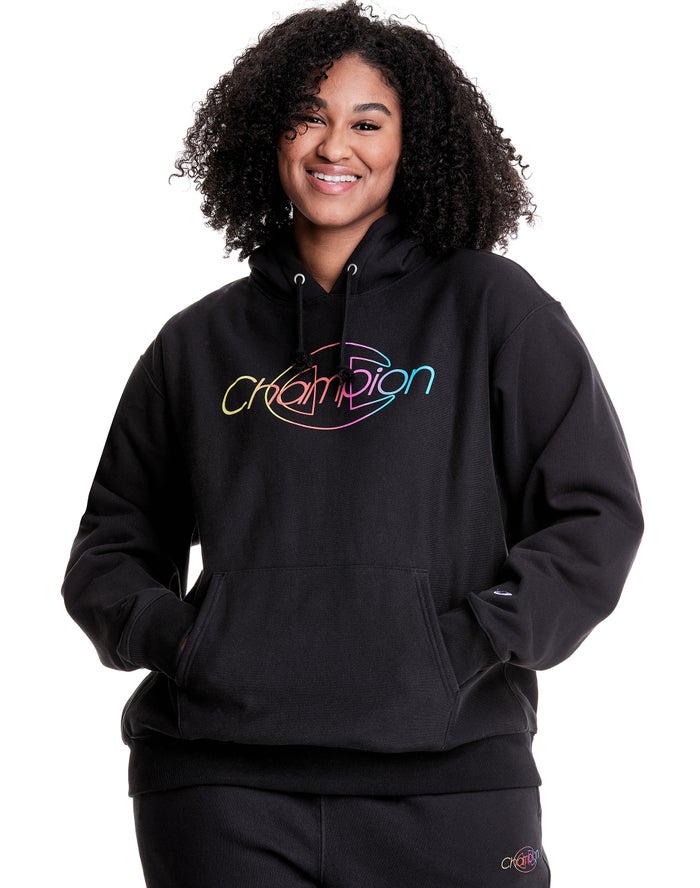 Champion Hoodie Dames - Zwart - Plus Reverse Weave Rainbow Logo ( 154903-JGM )